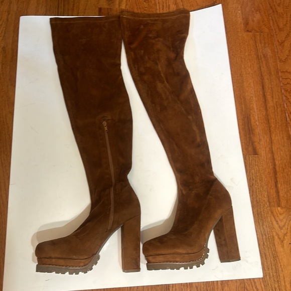 FASHION NOVA faux SUEDE OVER KNEE PLATFORM HEELS BOOTE IN BROWN HALF ZIP SIZ 6.5 - Picture 7 of 9